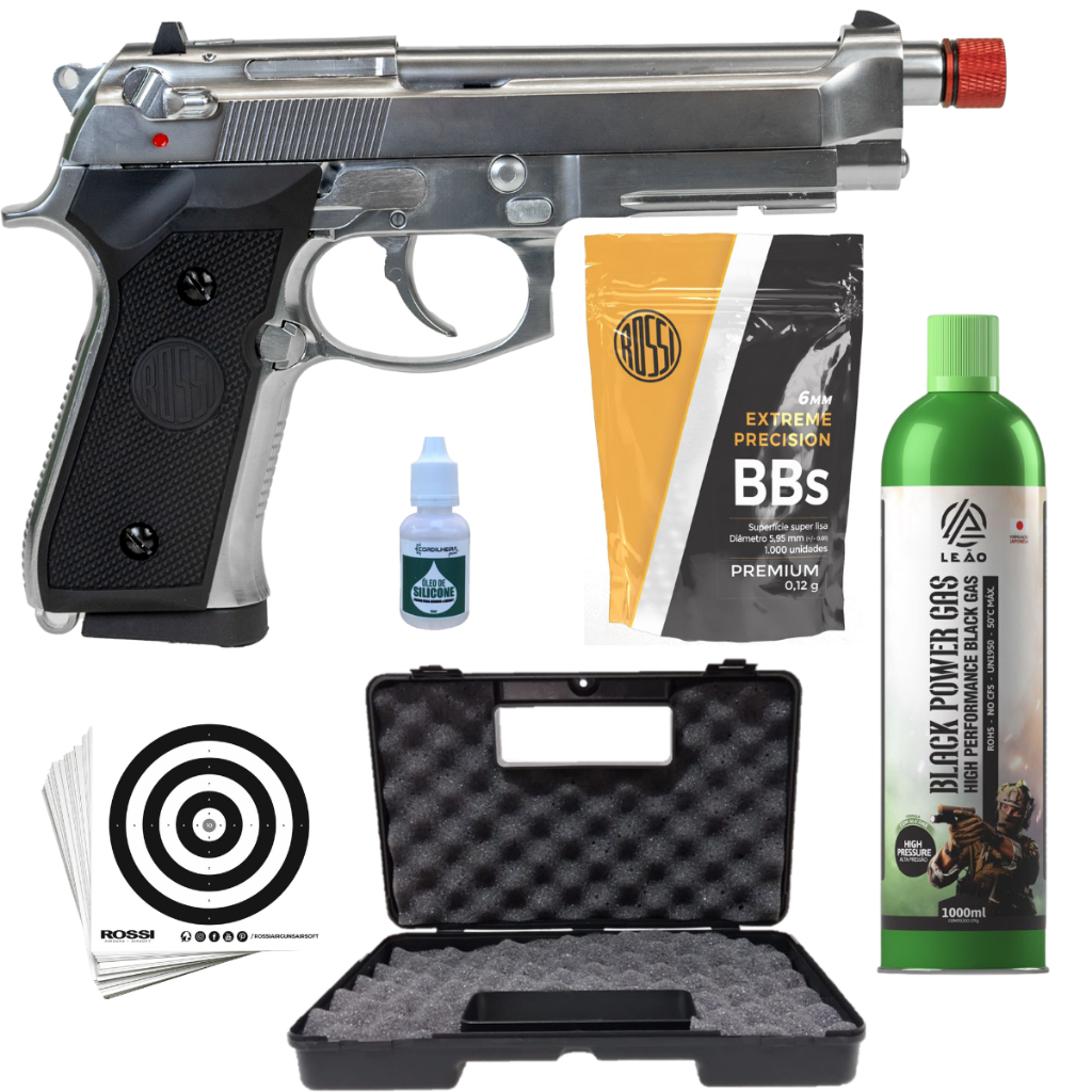 Pistola de Airsoft Beretta M92 Silver Blowback Greengás GBB 6mm Rossi + Kit Escolhido