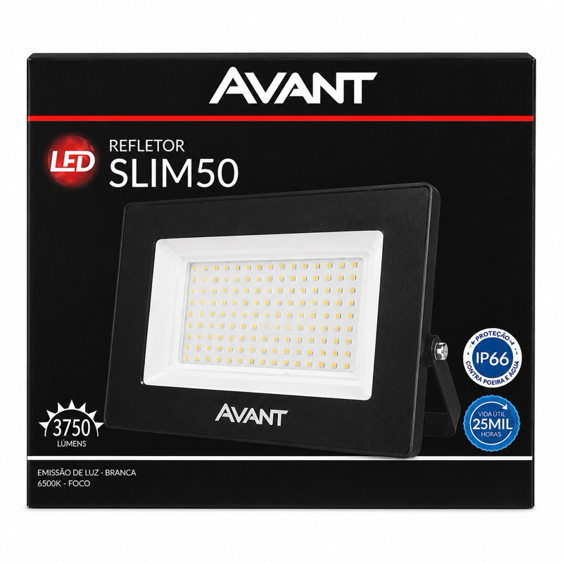 Refletor Led 50w Avant Glow Bivolt Branco Frio Ip66 Holofote Slim Prova Dagua Luz Forte Externa