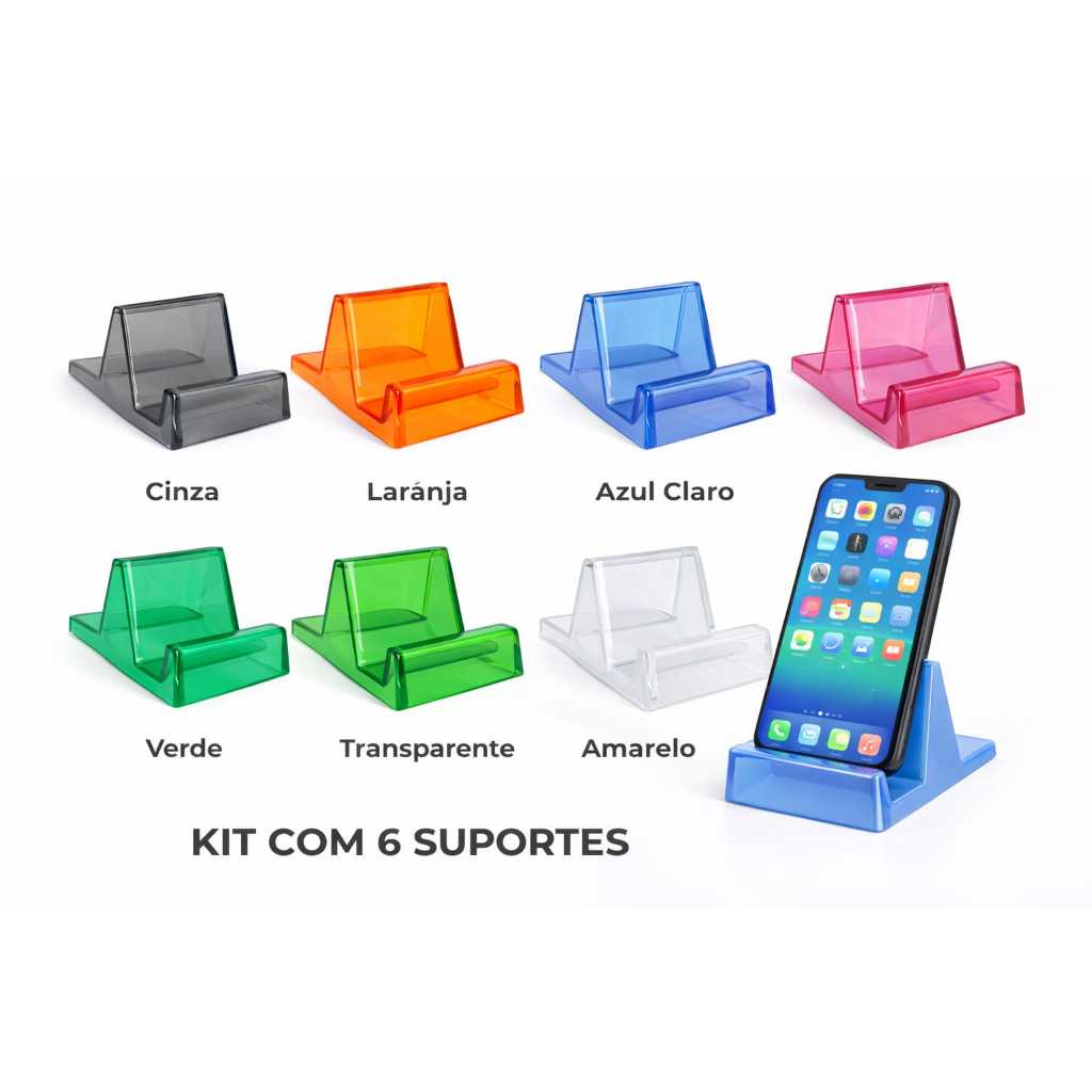 Suporte Celular Acrílico Universa Kit com  6  Para Mesa Display Smartphone , Compacto , cores vibrantes e lembrançinhas.