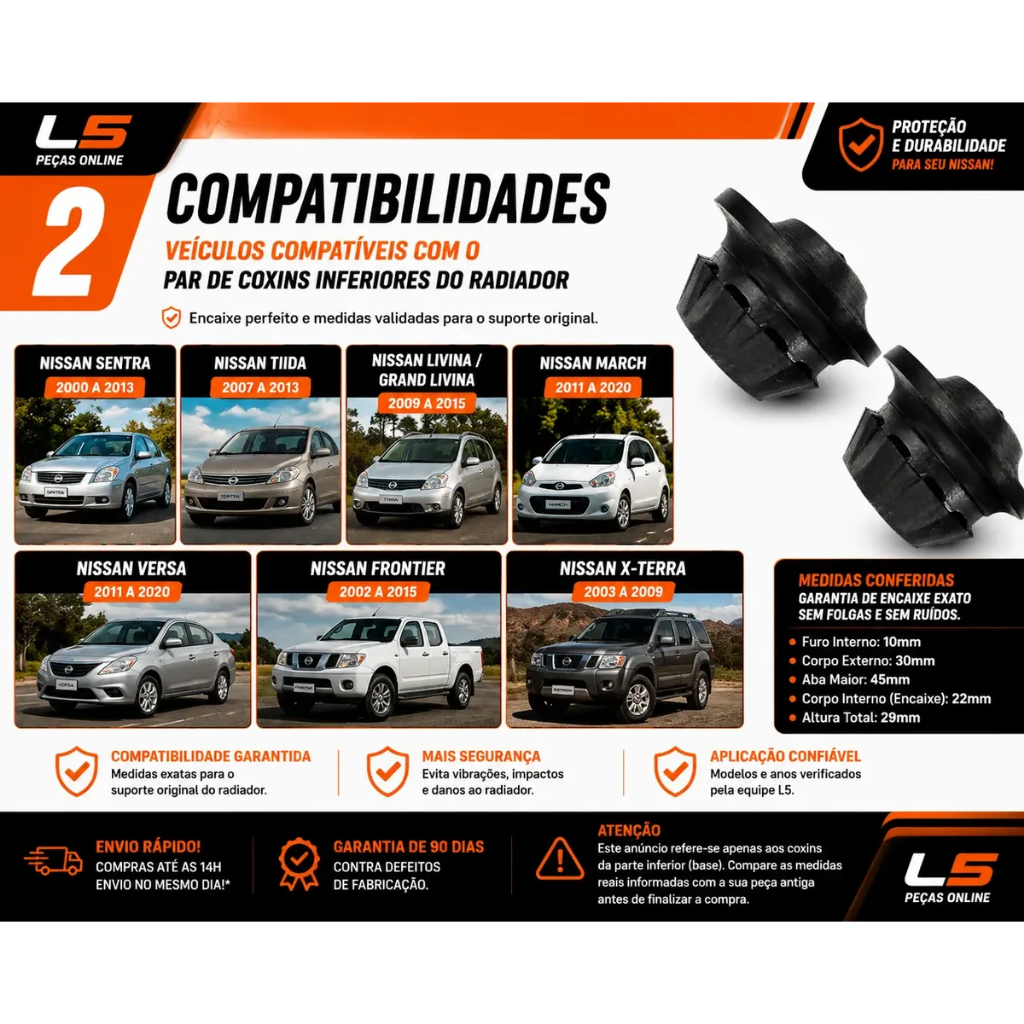 Kit 2 Borrachas Coxim Suporte Inferior Radiador Nissan Frontier March Versa Sentra 2008 A 2025 Firme