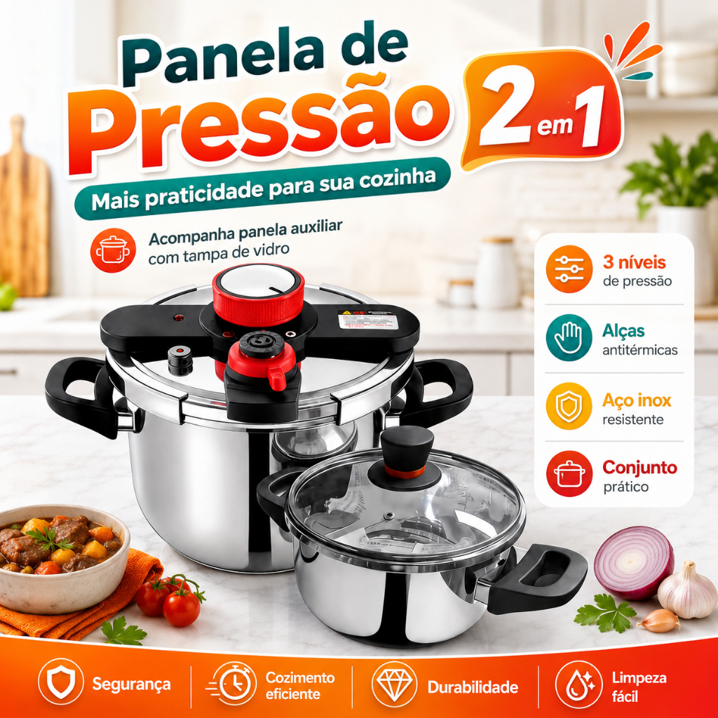 Panelas de Pressão Inox 304 Antiexplosão Gás e Indução 1 Grande + 1 Pequena