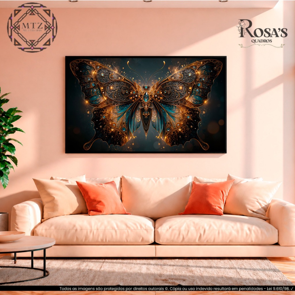 Quadro Decorativo Borboleta Abstrata Joia Luxo Dourado e Azul Turquesa Moderno