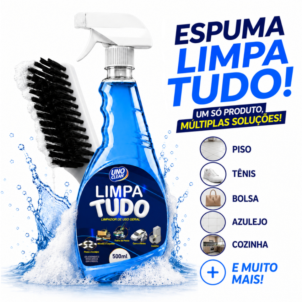Espuma Limpa Tudo 500ml + Escova Anatômica Limpa Sofá Carpete Bolsa Tênis Piso Azulejo Cozinha Carro