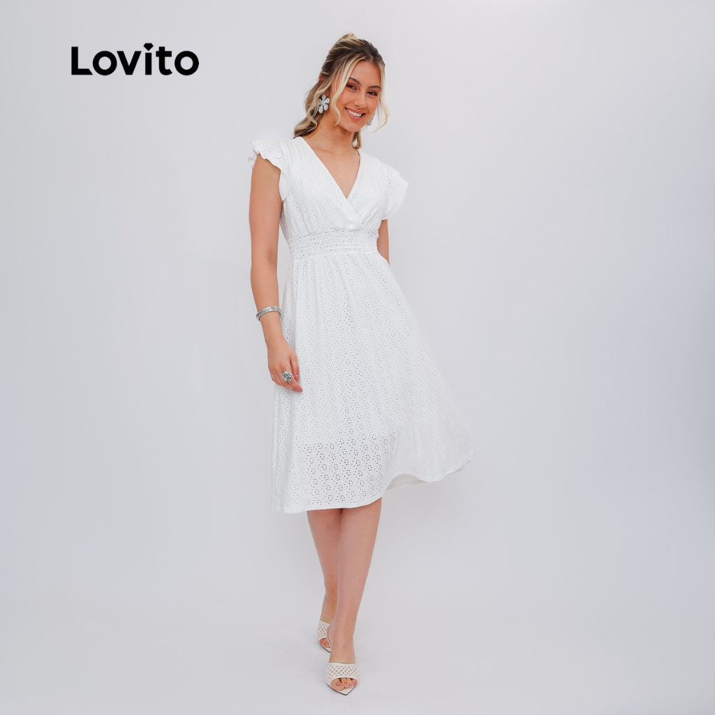 Lovito Vestido Midi Feminino Com Decote V e Mangas Curtas de Babado DRB1431BRL1461 · foto 2