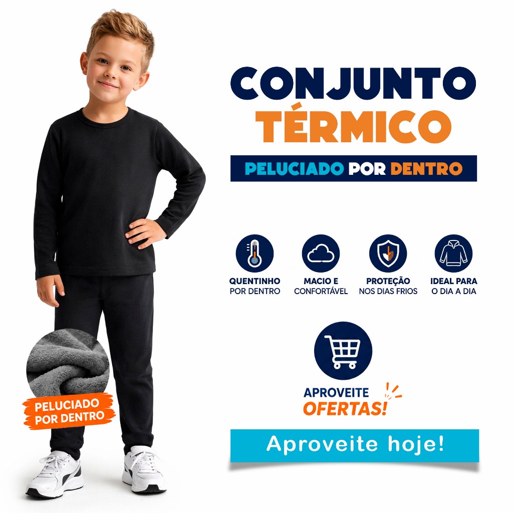 Conjunto Térmico Peluciado Preto Infantil Bebê Inverno Roupa Preta Frio Tamanhos 1 ao 14 Anos