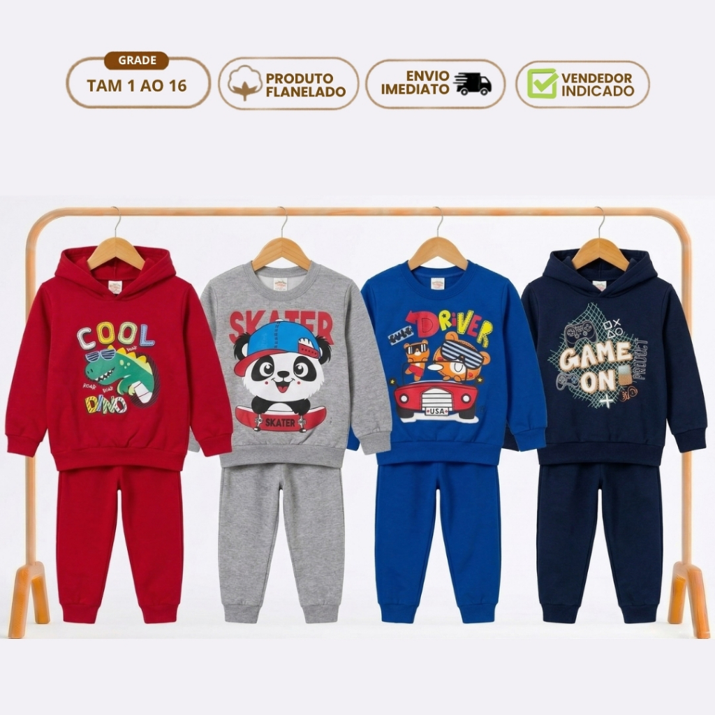 Kit 3 Conjunto de Moletom Infantil Menino Inverno Casaco e Calça Flanelada e Forrada com Punho Algodão Dino 1 ao 16 anos