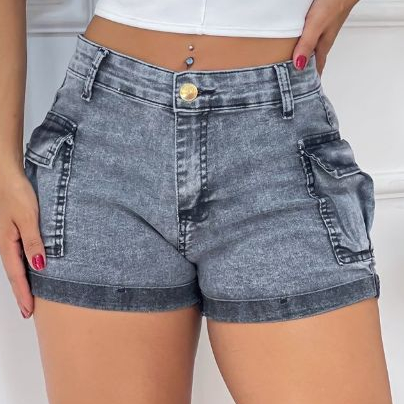Short Jeans Feminino Cintura Alta Empina Bumbum Lavagem Clara Cinza