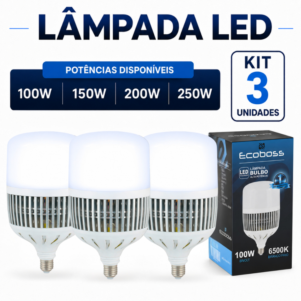 Kit 3 Lâmpadas Led 100W/150W/200W/250W Alta Potência 6500k Bivolt
