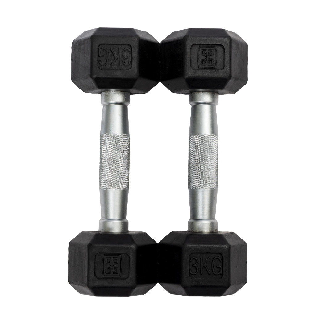Kit 2 Halteres 3kg Sextavado Emborrachado Vulcanizado Dumbell Peso de Academia Musculação Borracha - (2 Unidades)