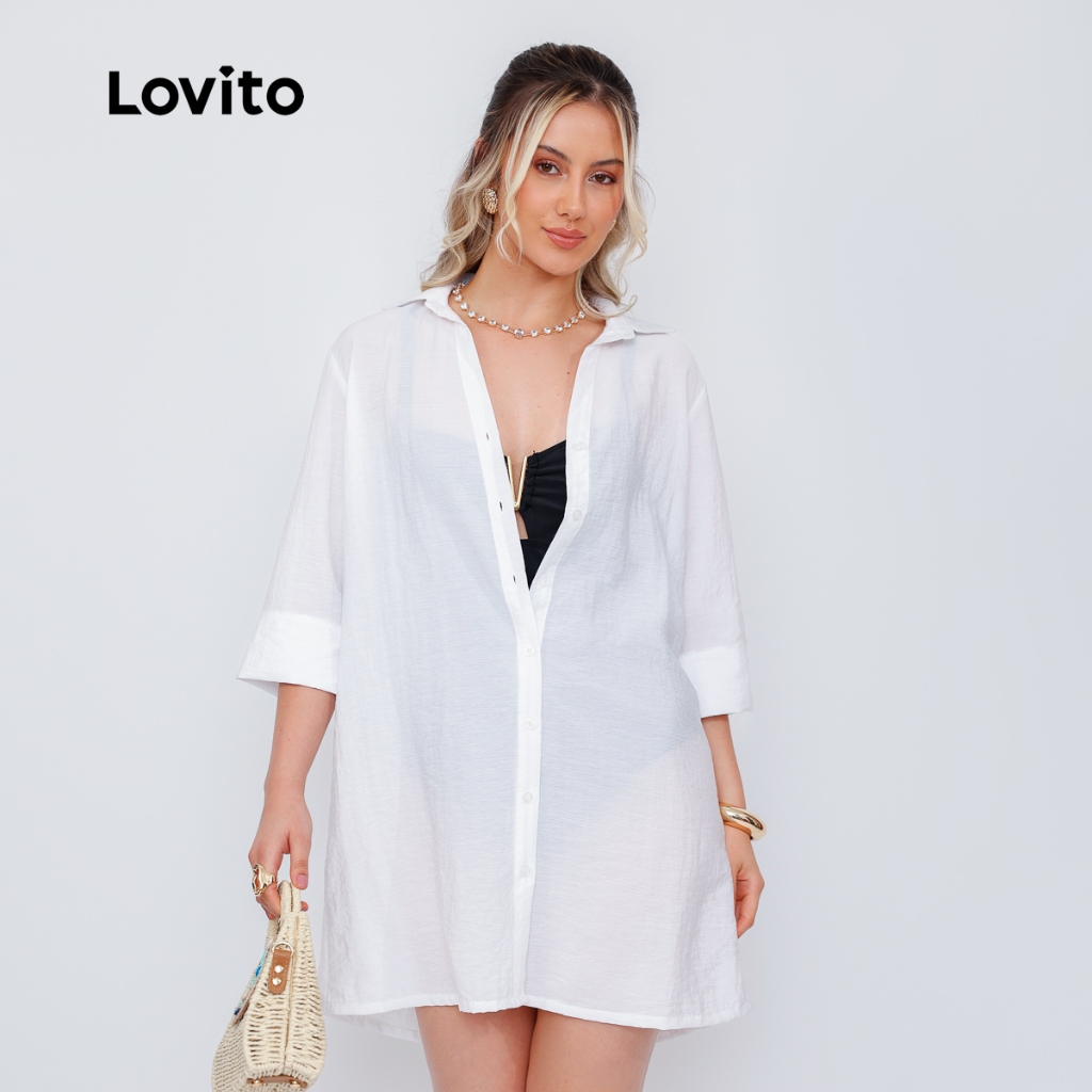 Lovito Camisa Vestido em Tecido Leve DRB15461576