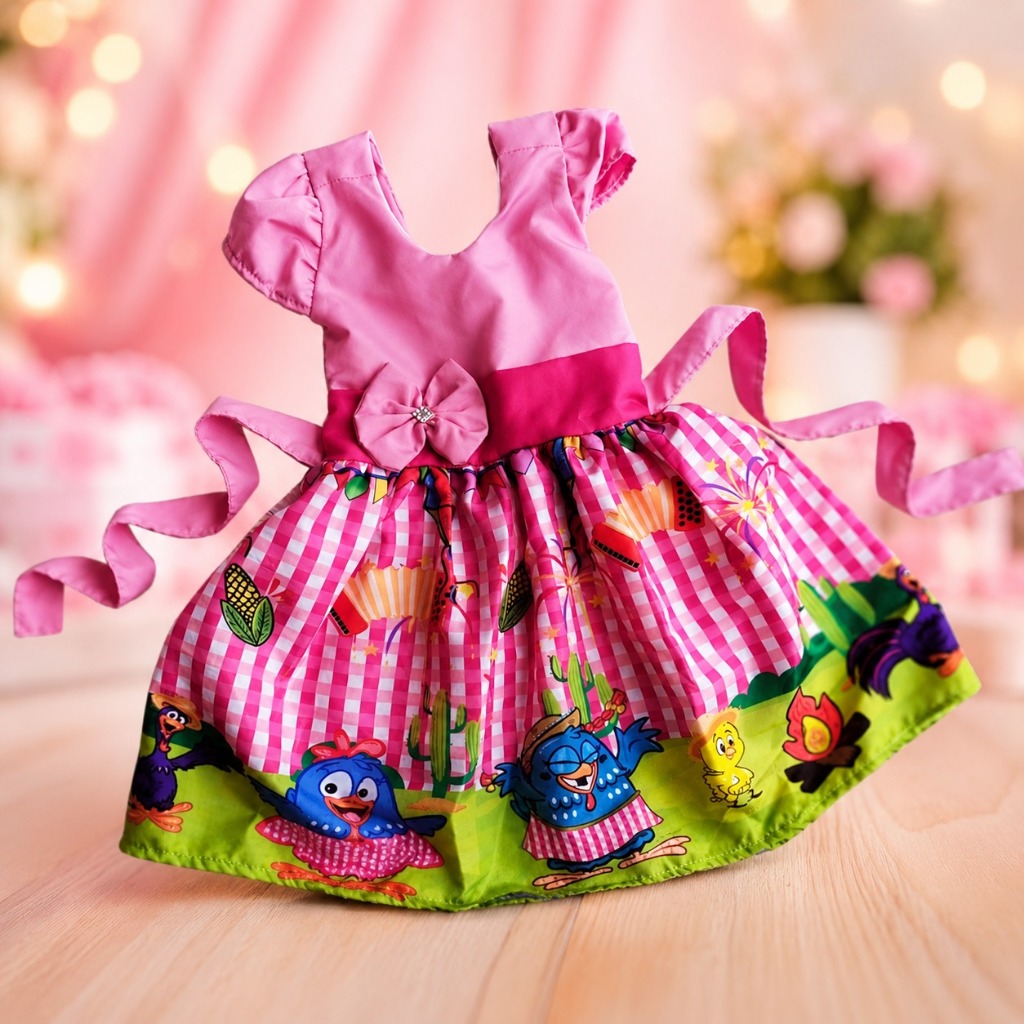Vestido Menina Infantil Festa Junina Arraia Galinha Pintadinha Rosa (c)