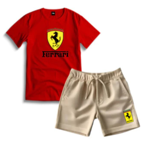 Conjunto Infantil Básico Estiloso – Camiseta Ferrari + Short Estampado Confortável