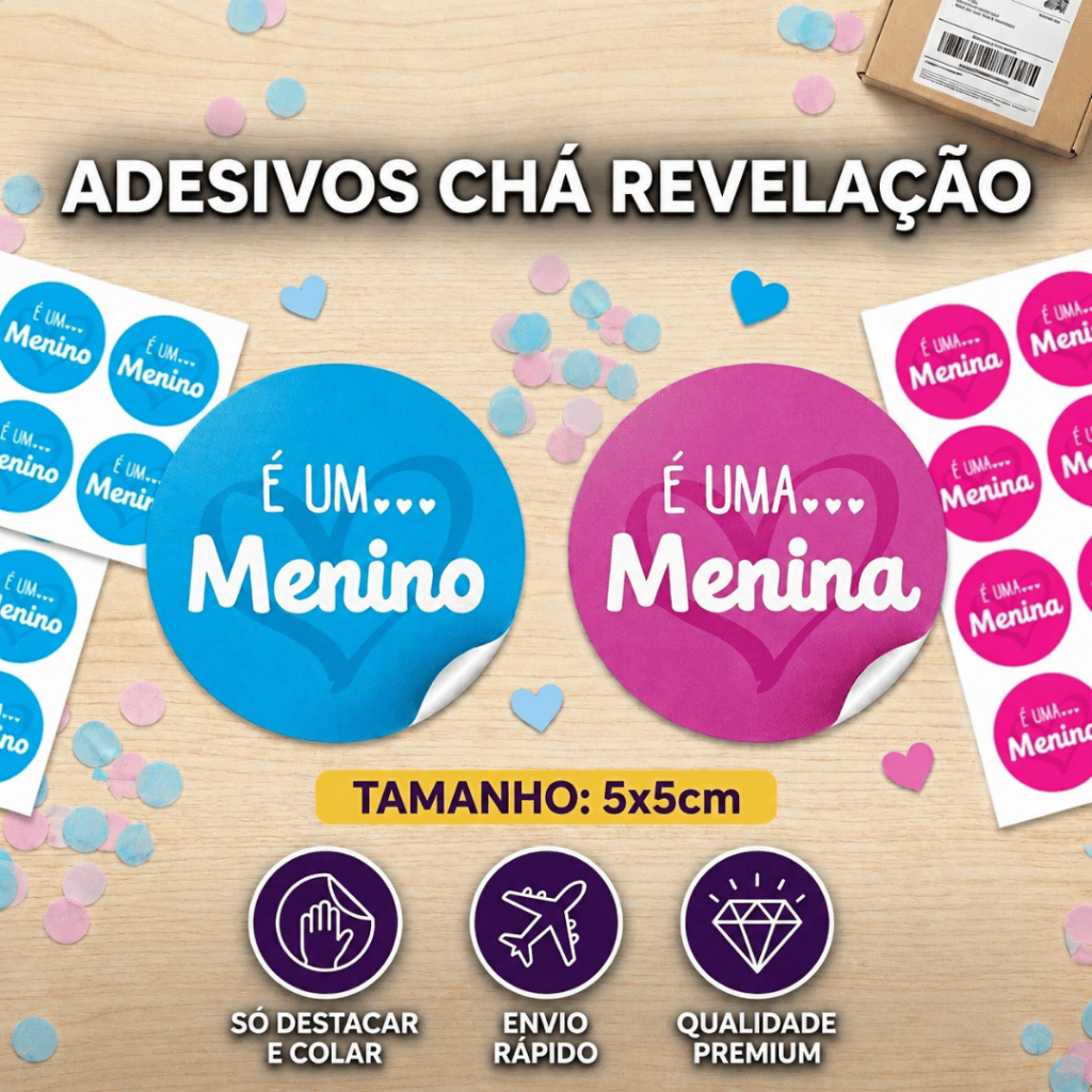 Adesivo Chá Revelação 5x5cm Menino ou Menina - Etiqueta chá revelação - Adesivo Menino ou menina - Adesivo chá revelação