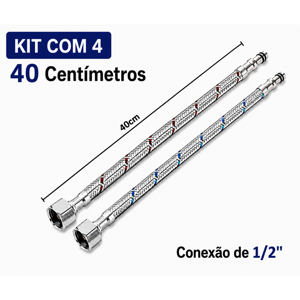 Par Engate Flexível 40cm | Inox P/ Misturador Monocomando 1/2 Premium | KIT com 4