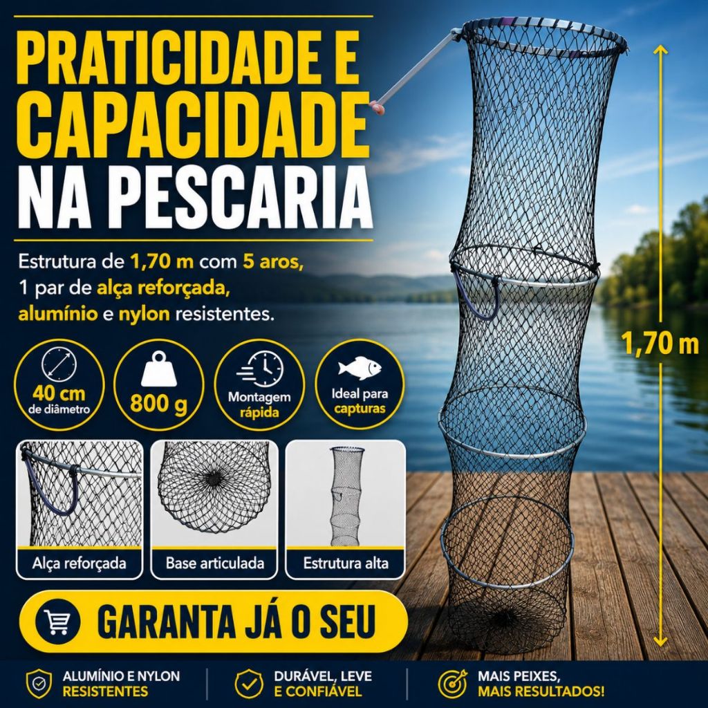 Samburá Pesca 1,70m Reforçado Grande com Estaca Reforçada Viveiro Porta Peixee Rede Pesca Nylon Resistente Prmium Top