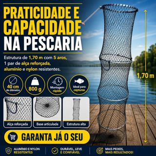 Samburá Pesca 1,70m Reforçado Grande com Estaca Reforçada Viveiro Porta Peixee Rede Pesca Nylon Resistente Prmium Top