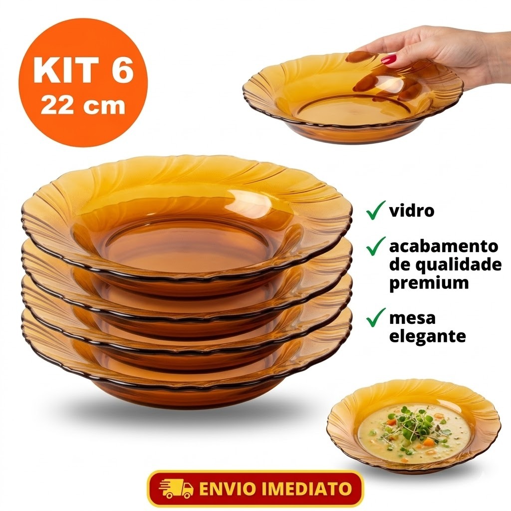 Kit Jogo de 6 Pratos de Vidro Fundos solar de Vidro 22cm Cor Ambar Resistente Semelhante a Duralex Vidro Ambar