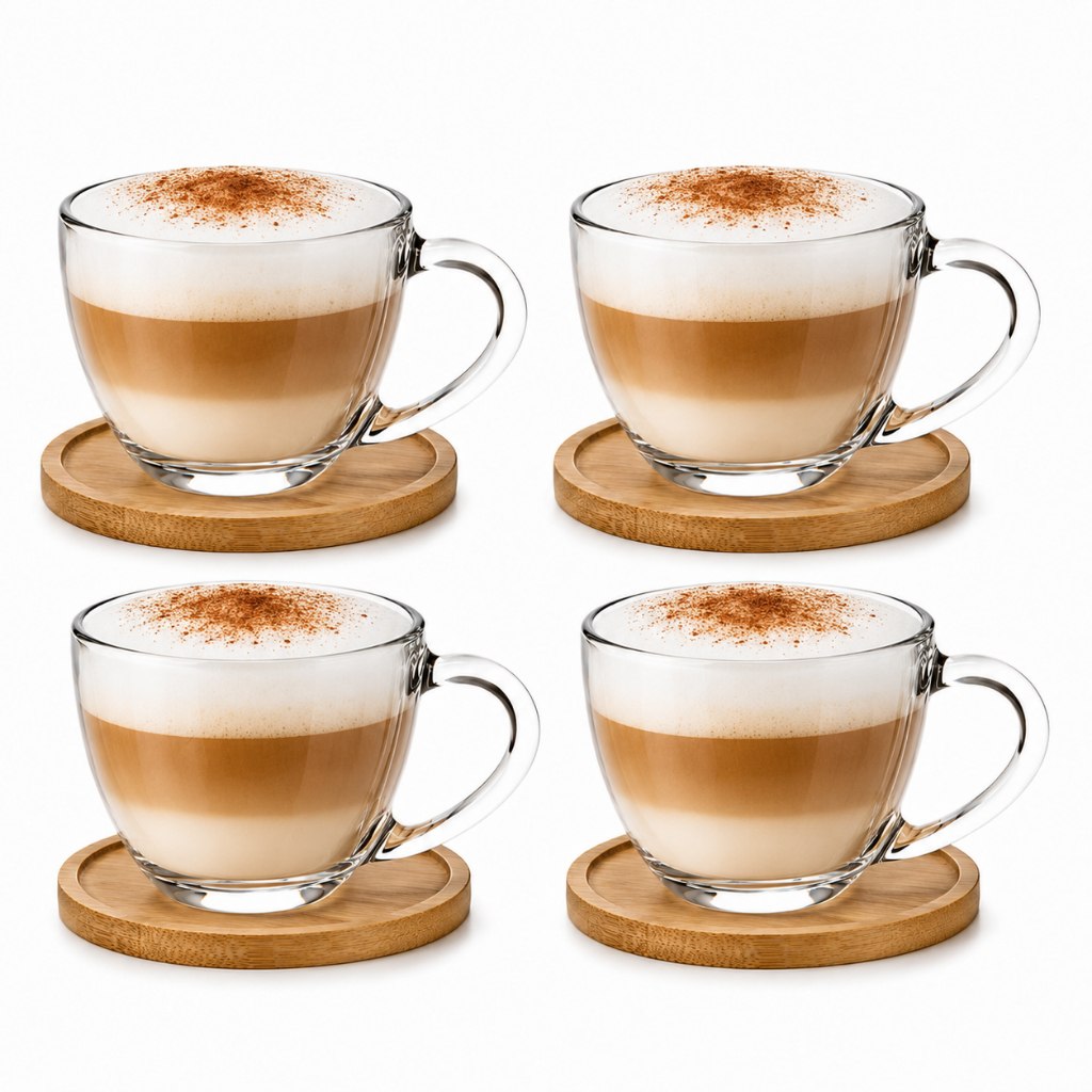 Jogo 4 Xícaras em Vidro Café Chá Com Pires em Madeira 180ml - Monaco