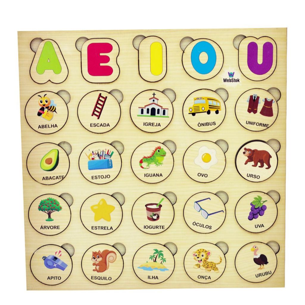 Tabuleiro Encaixe Vogais AEIOU Alfabetização Brinquedo Pedagógico Didático Infantil Coordenação Tdah
