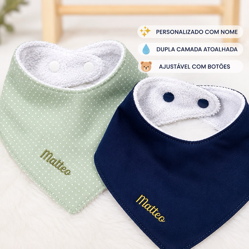Babador Bandana Personalizado com Nome | Atoalhado Dupla Camada Ajustável Bebê