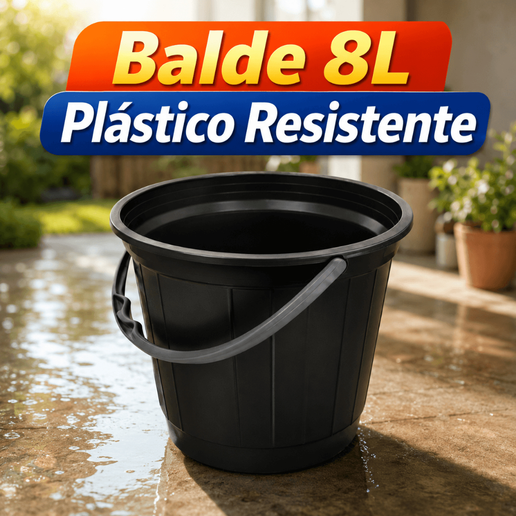 Balde 8L Preto Plástico Reforçado Alça Forte Limpeza Obra Jardinagem Uso Profissional Resistente