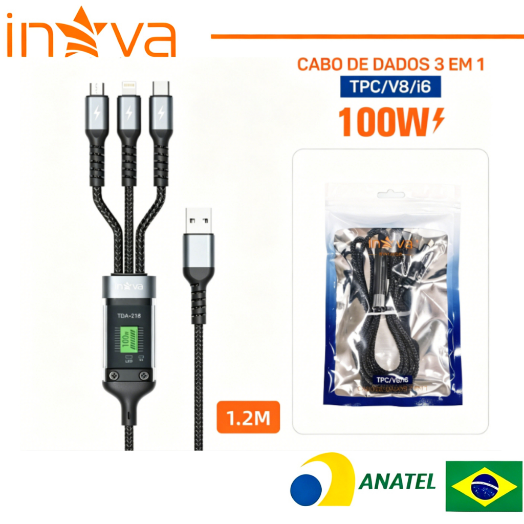 INOVA Cabo de dados de carregamento rápido de 100W Cabo de dados de saída de 3 interfaces
