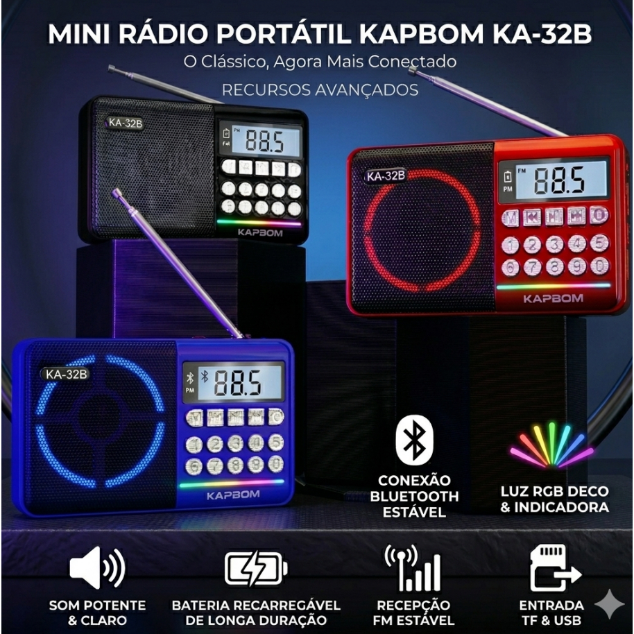 Caixa de Som Rádio Portátil KA-32 Bluetooth FM USB Cartão SD Recarregável RGB