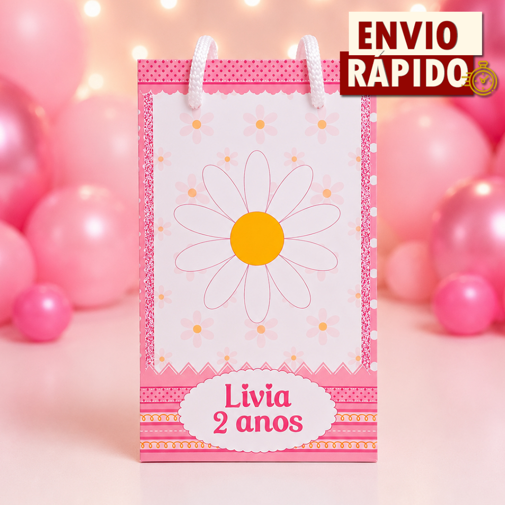 Sacolinha Personalizada P - Margarida Rosa - PEGUE E MONTE - Lembrancinha Festa Aniversário Infantil