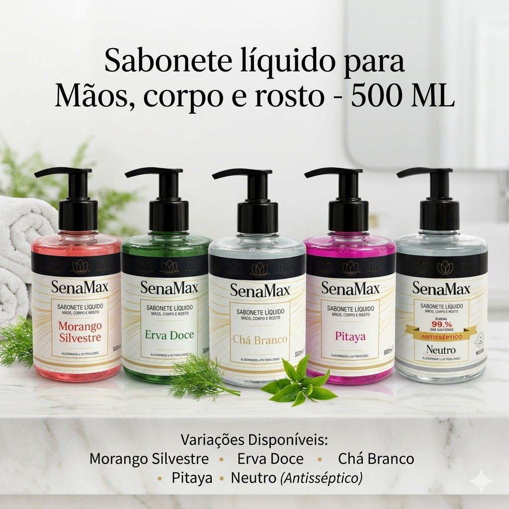 Sabonete liquido para Mãos, corpo rosto Morango Silvestre Erva Doce Chá Branco Pitaya Neutro 500a2l