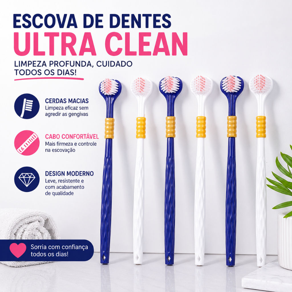 Escova Dental 3D 3 Lados Cerdas Macias de Alta Densidade Adulto Flexibilidade 360°