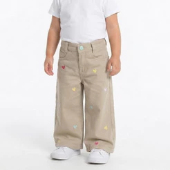 Calça Wide Leg Infantil Menina Com Regulagem Sarja Coração 1 ao 3 anos