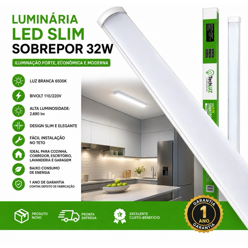 Luminaria Tubular Led Slim 32w 100cm 6500k Branco Frio Bivolt 110v/220v