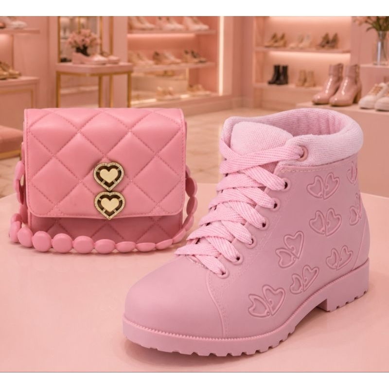 Conjunto Infantil Bota + Bolsinha Coração Feminino | Material Confortável E Impermeável Tai-Shop
