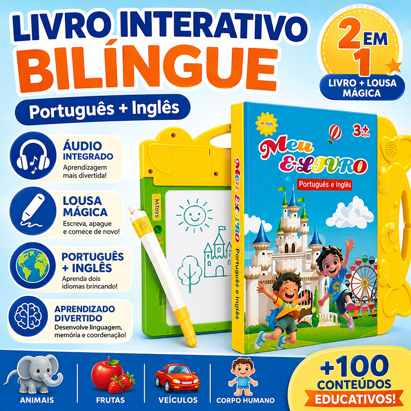 Livro Interativo com Som Infantil Bilíngue Português Inglês 2 em 1 Livro + Quadro de Escrita