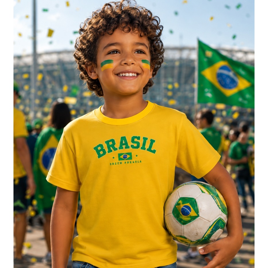 Camiseta de Criança personalizada do Brasil Com seu Nome Atrás Copa do mundo Roupa Infantil