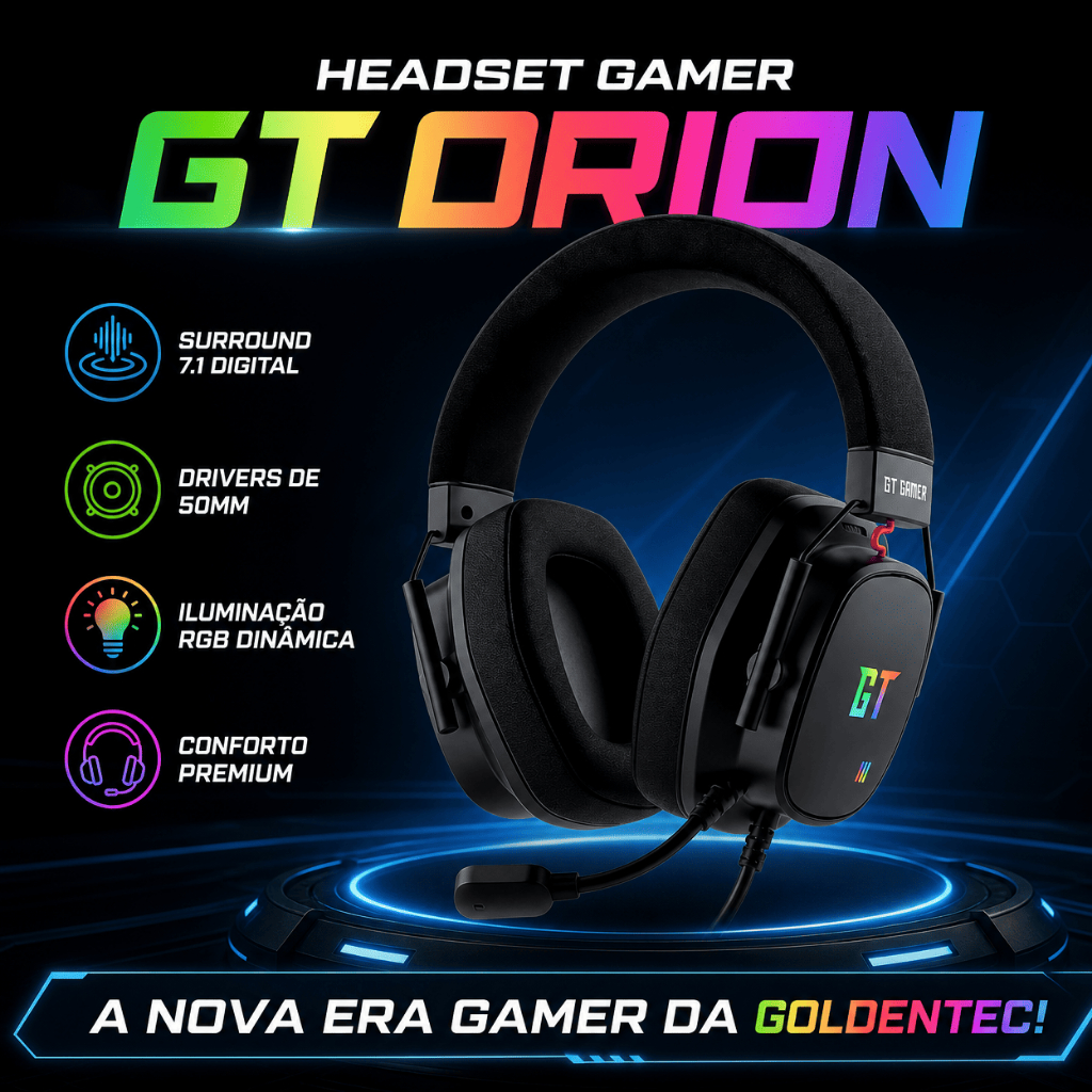 HEADSET GAMER GT ORION SURROUND 7.1 LUZ RGB FUNÇÃO EQUALIZADOR