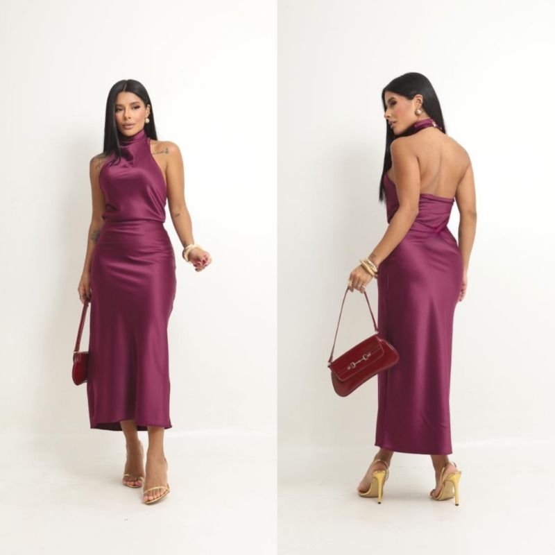 Conjunto Feminino Cetim Blusa gola alta com as Costas Abertas Saia Midi Elegante Festa