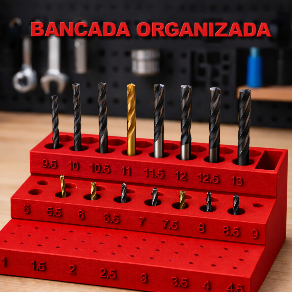 Suporte Organizador de Brocas Profissional Porta Brocas de Bancada 1mm a 13mm Organizador Oficina para brocas furadeira