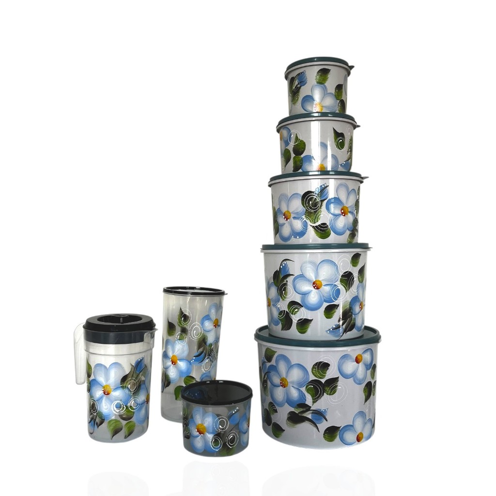 Kit Mantimentos Completo 7 peças + Jarra Transparente Cozinha Decorada Organizador Pote Plástico