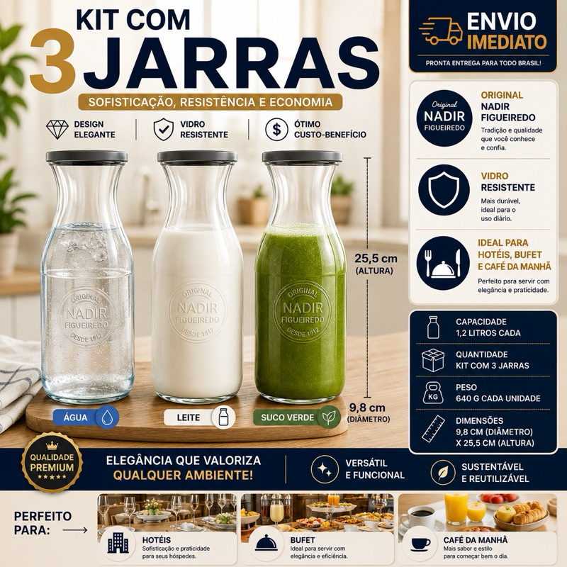 Kit com 3 Jarras Decanter de Vidro 1,2 Litros Porta Geladeira Suco Leite Retrô Nadir Figueiredo