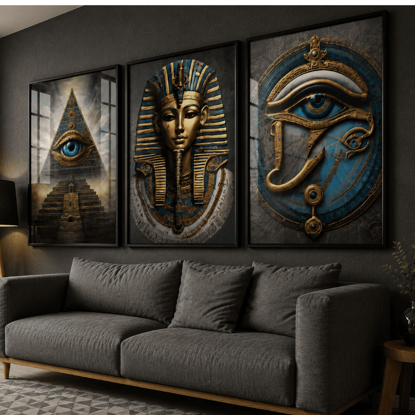 Quadros Decorativos Kit Com 3 Peças Grandes Tema Egito Piramide Olho de Horus e Faraó