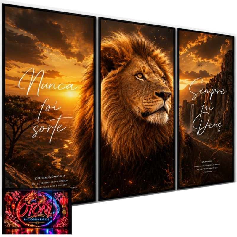 Quadro Decorativo Grande Leão Por Do Sol Religioso Frase Nunca Foi Sorte Sempre Foi Deus 3 Peças 122x60