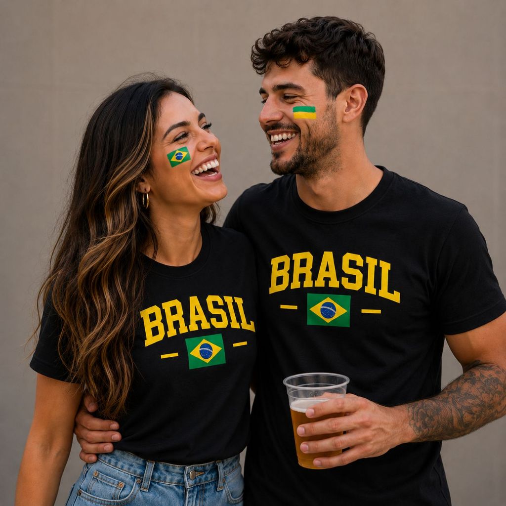 Kit Camiseta Brasil Casal 2 Tshirt Torcedor Blusa Jogos Copa Do Mundo Look Namorados 100% Algodão