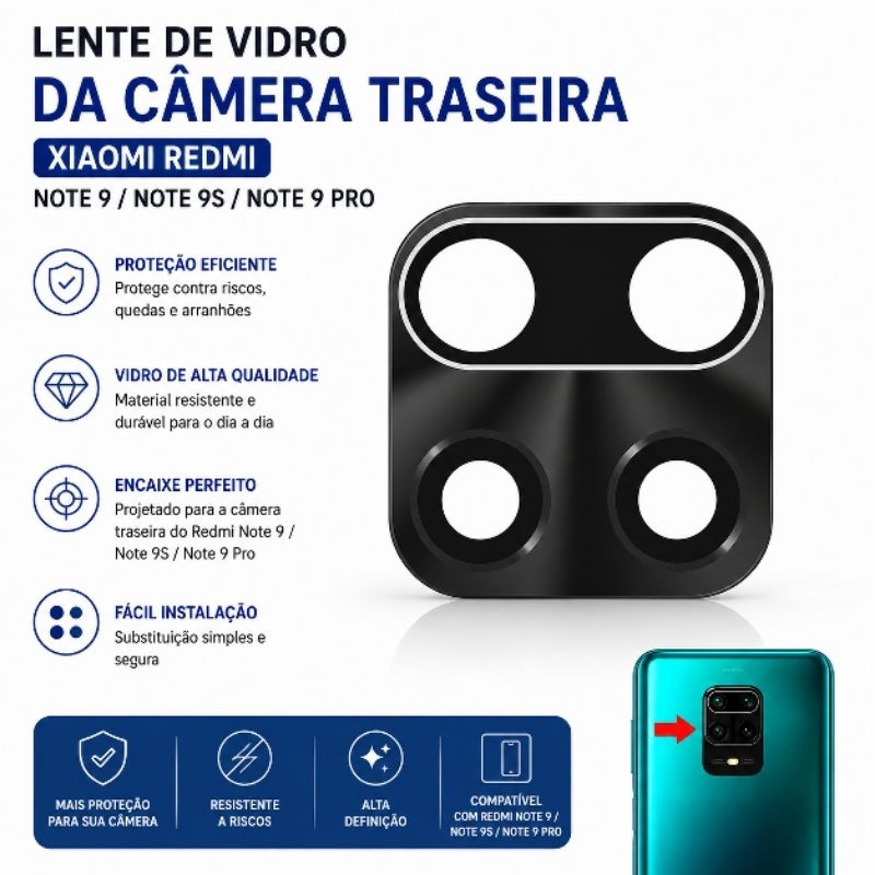 Lente Vidro Câmera Traseira Para Xiaomi Redmi Note 9 / Note 9s / Note 9 Pro vidr