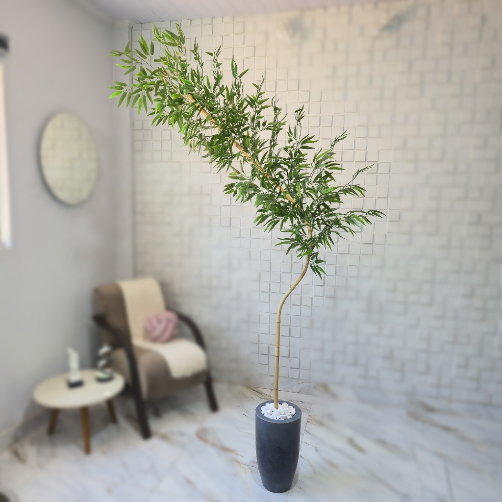 Bambu Artificial Curvo Galho Curvado Grande 220cm Vaso Pedra