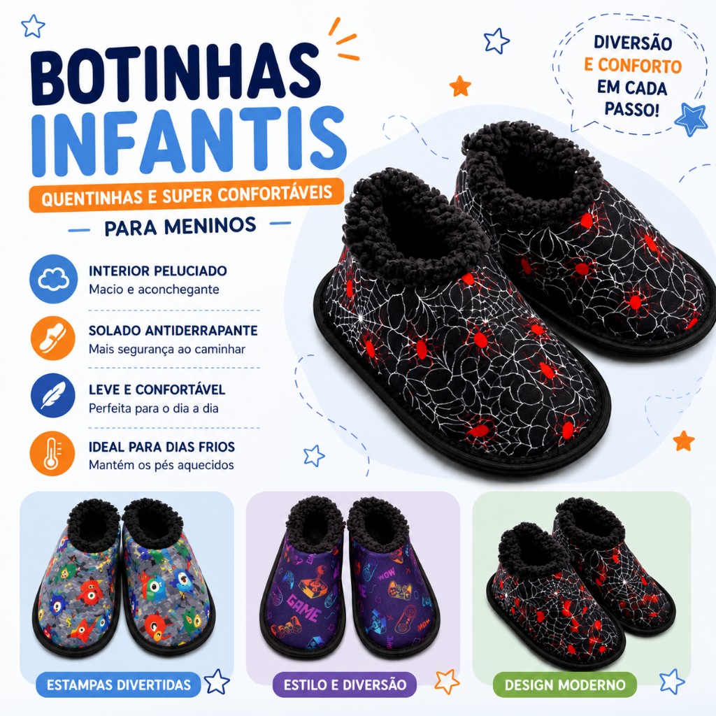 Pantufa Infantil BOTINHA Masculina Aranha Monstrinhos e Gamer Peluciada - Senza Spina pantufa infantil