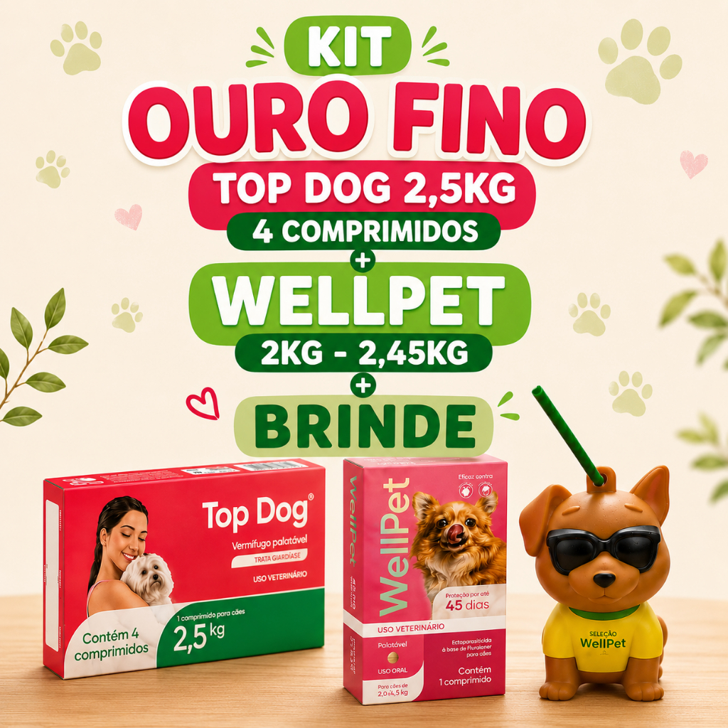 Kit Ouro Fino Wellpet Antipulgas Cães 2-4,5kg + TopDog 2,5kg + Brinde