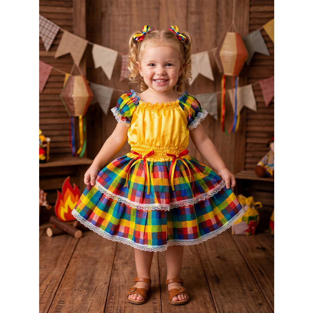 Vestido Caipira Infantil Feminino - Várias Cores e Estampas - Roupas Típicas São João Festa Junina