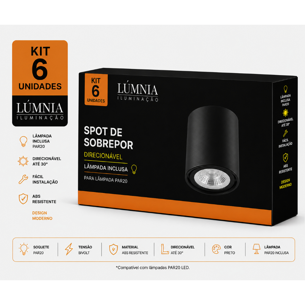 Kit 6 Spot Sobrepor Direcionável Redondo Ø9cm Par20 Preto c/ Soquete + Lâmpada Stella 5,5W Par20 Led