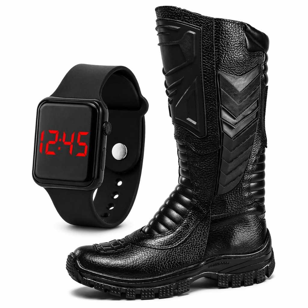 Kit Bota Coturno Militar Tático Cano Longo Couro Preto Com Zíper Botina Antiderrapante + Relógio Digital Quadrado
